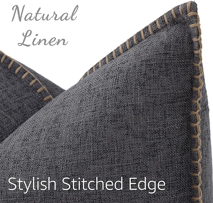 decorUhome Summer Decorative Throw Pillow Covers 16x16 Set of 2 Square Faux Linen Farmhouse Pillow Covers with Stitched Edge Outdoor Neutral Pillow Covers for Couch Sofa Living Room, Dark Grey
