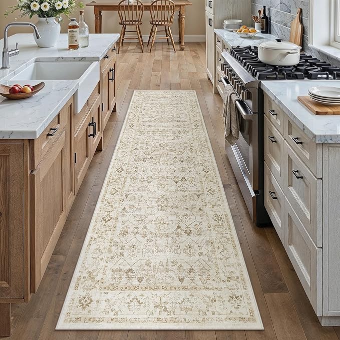 2x8 Beige Washable Neutral Runner Rug for Living Room Long Floral Non Slip Runner Area Rug Modern Low Pile Stain Resistance Indoor Carpet Doormat Hallway Kitchen Stair Bedroom Bathroom
