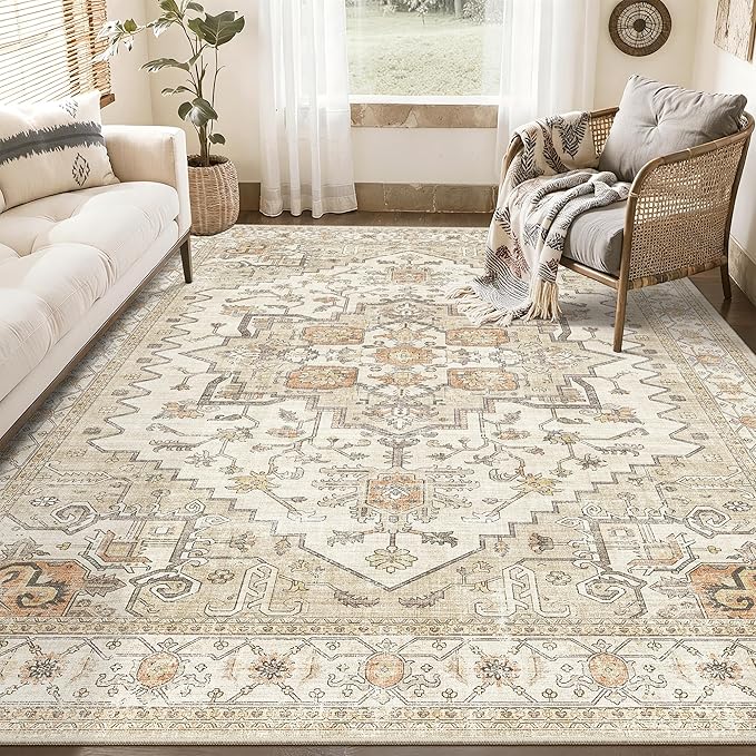 Area Rugs for Living Room - 4x6, Boho Non-Slip Low Pile Carpet Machine Washable Rugs for Bedroom, Farmhouse, Office, Dining Room (Gold)