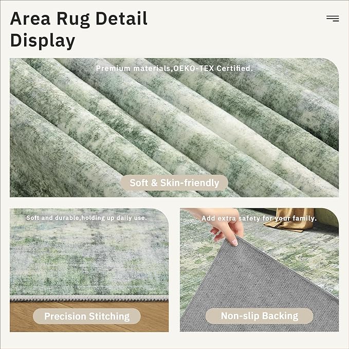 Soalmost Runner Rug 2x6 Washable Non-Slip Kitchen Runner Rugs for Bathroom Laundry Room Green/Ivory Vintage Floor Carpet Runners for Hallway Entryway