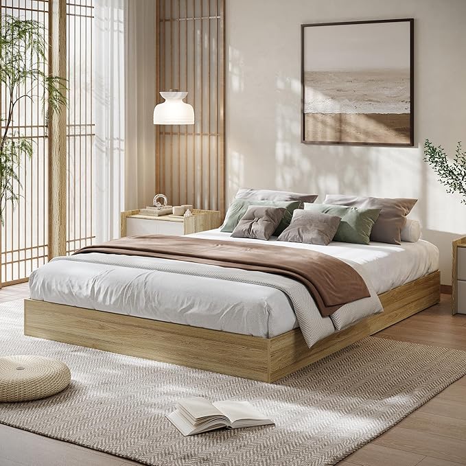 Wood Platform Bed with Sturdy Wooden Slats, King Size Floor-Standing Bed Frame, Modern Minimalist Design Bed Frame, No Box Spring Needed, Easy Assembly