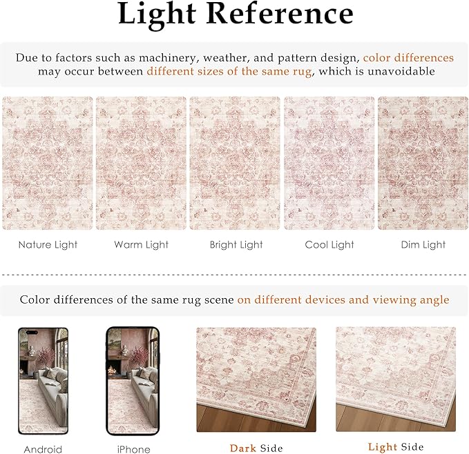 9x12 Neutral Area Rug Pink Vintage Living Room Bedroom Washable Carpet Non-Slip Soft Low Pile Farmhouse Indoor Large Throw Rug for Dining Room Office