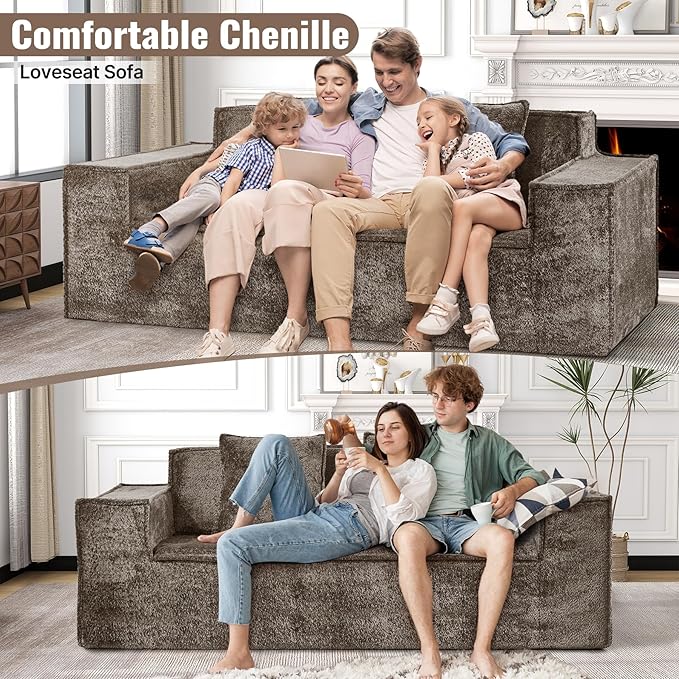 77'' Modern Cloud Loveseat Sofa in Chenille, Deep Seat Boneless Couches Includes 2 pcs Pillows for Living Room, Bedroom, Apartment(Coffe)