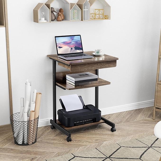 Topeakmart Rolling Computer Desk for Small Spaces, Laptop Computer Desk with Wheels, Mobile Standing Desk Compact Student Bedside Table Taupe Wood