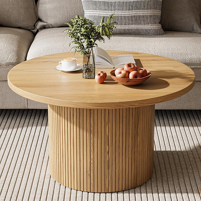 MAISONARIA Round Coffee Table with Metal Frame, 35" Coffee Tables for Living Room, Circle Wood Accent Center Table for Apartment, Oak