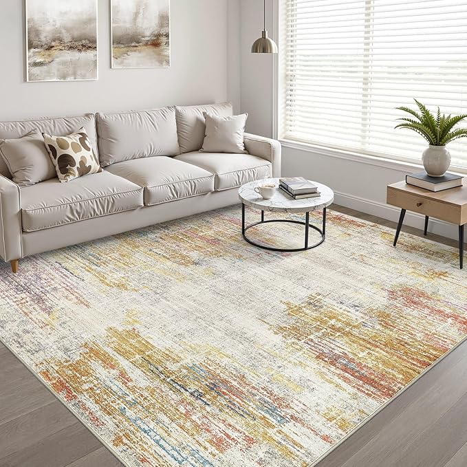 5x7 Area Rugs Living Room: Washable Large Neutral Rug Abstract Soft Modern Stain Resistant Indoor Floor Non-Slip Carpet for Bedroom Nursery Kids Classroom Playroom Dining Room Office- Gold Colorful