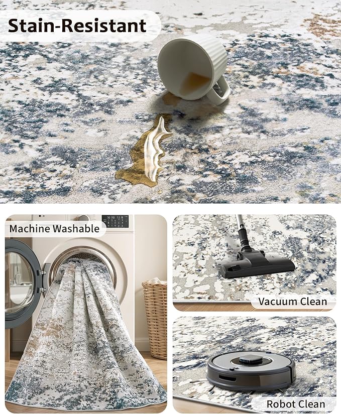 Art&Tuft Washable Rugs 4x6, Anti-Slip Backing Abstract 4x6 Area Rug, Stain Resistant Rugs for Living Room, Foldable Machine Washable Area Rug (4'x6', Blue)