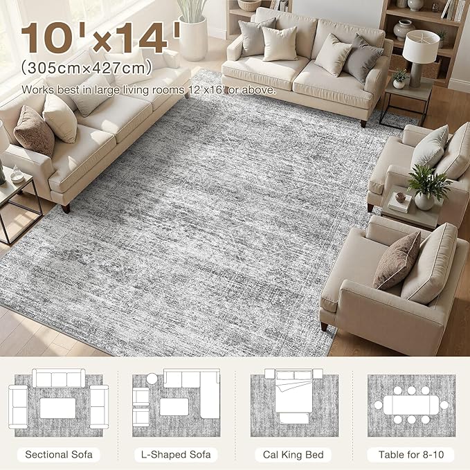 cotiled Large Area Rugs for Living Room 10x14, Machine Washable Rugs with Non Slip Backing Modern Neutral Abstract Rugs Stain Resistant Distressed Carpets for Home Decor (10x14 Dark Grey)