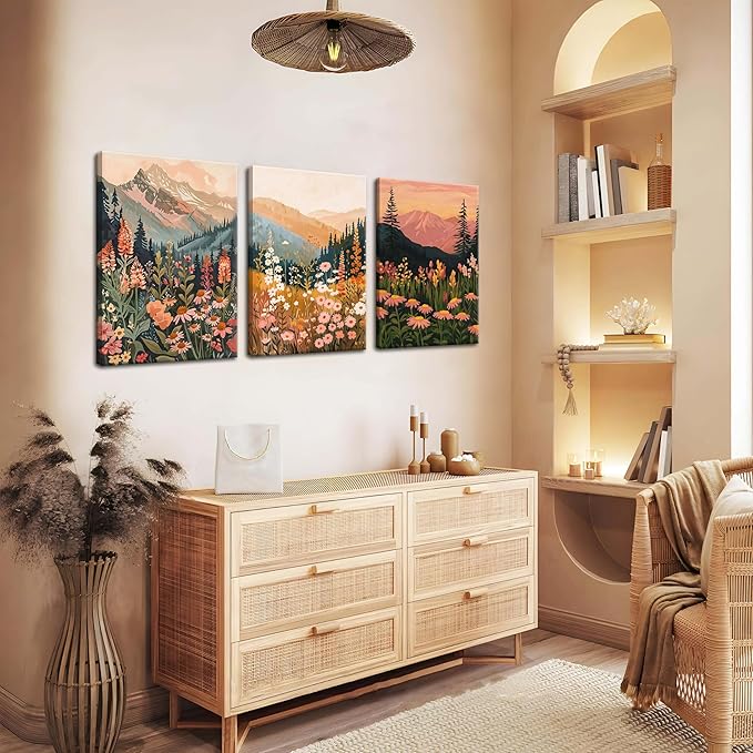 Framed Wildflower Mountain Landscape Wall Art Set of 3, Colorful Floral Wall Decor, Boho Sunset Landscape Canvas Artwork, Earth Tone Botanical Poster Prints for Living Room Bedroom 16x24 Inch