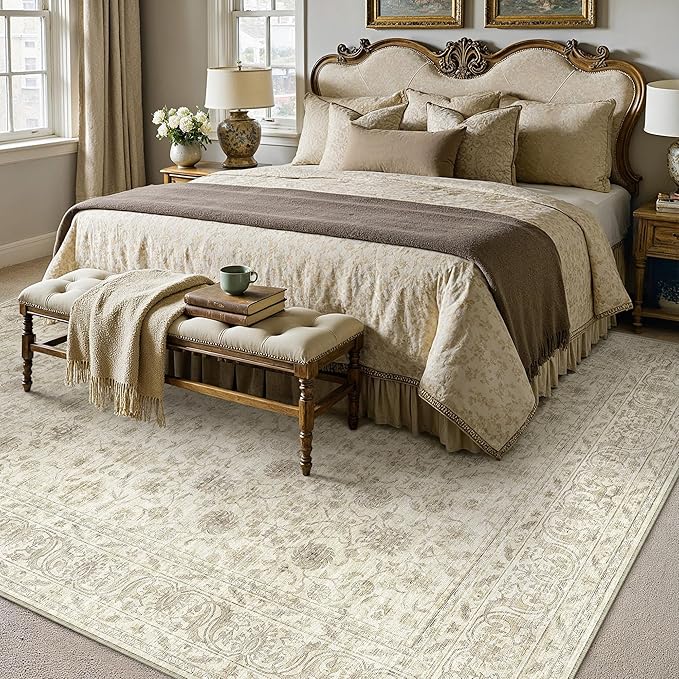 PureCozy 5x7 Area Rug Washable Beige Vintage Living Room Bedroom Distressed Non Slip Carpet Indoor Low Plie Thin Dining Room Office Retro Accent Throw Rug