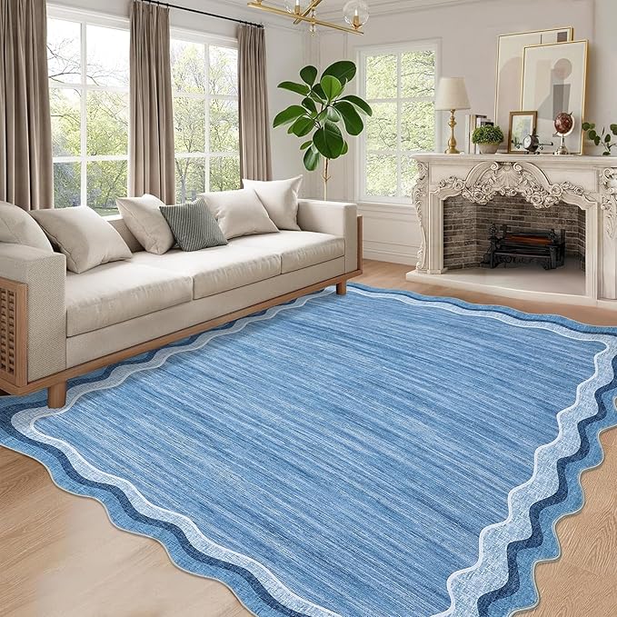 Garvee Scalloped 9x12 Area Rugs for Living Room Large Washable Rugs,Neutral Solid Rug Stain Resistant Non Slip Floor Mat Carpet Indoor Accent Rug for Bedroom Dining Room Playroom Home Decor,Blue