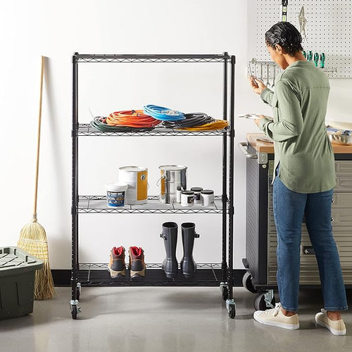 Amazon Basics 4-Shelf Heavy Duty Garage Shelving Storage Unit on 3" Wheel Casters, Adjustable Metal Wire Rack with Leveling Feet, 36" x 14" x 57.75", Black