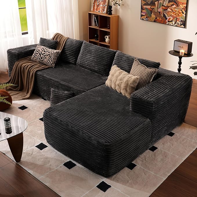ovios 104" Cloud Boneless Couch with L-Shape Chaise,Modern Sectional Modular Sofa with Deep Seat, Upholstered Couches for Living Room Bedroom,No Assembly Required, Grey (Plush Corduroy Fabric)