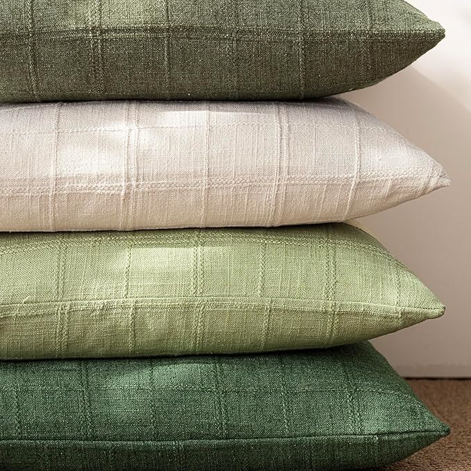 Foindtower Set of 2 Decorative Linen Check Throw Pillow Covers Neutral Farmhouse Vintage Cushion Covers Modern Boho Accent Home Decor for Sofa Chair Couch Bedroom Living Room,22×22 Inch,Light Green