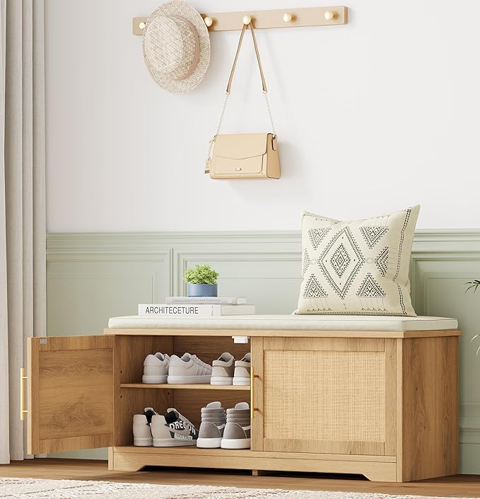Rattan Shoe Storage Bench with Cushion, 39.4" Wide Entryway Bench with Adjustable Shelf, Hidden Shoe Organizer Cabinet, for Hallway, Living Room, Bedroom, Natural Oak