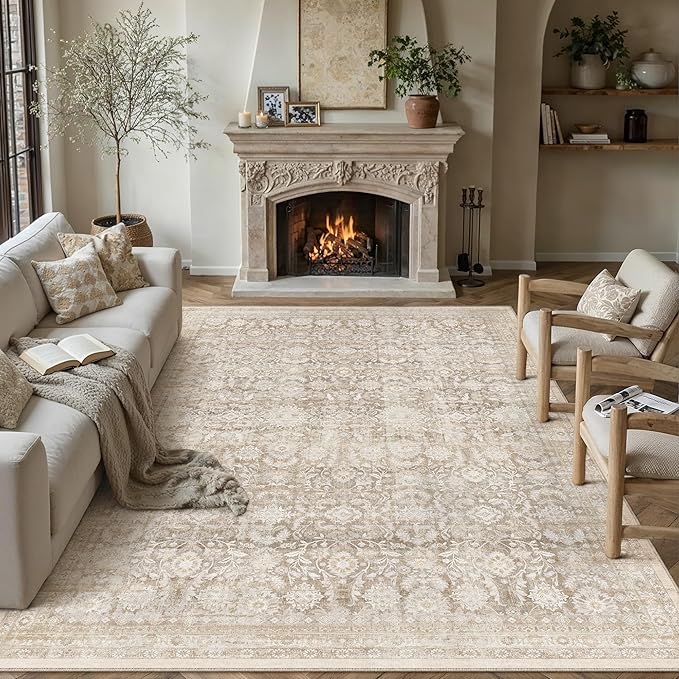 10x12 Beige Washable Neutral Area Rug for Living Room Floral Non Slip Low Pile Large Rug Indoor Vintage Traditional Stain Resistant Distressed Carpet Bedroom Dining Room Classroom Office