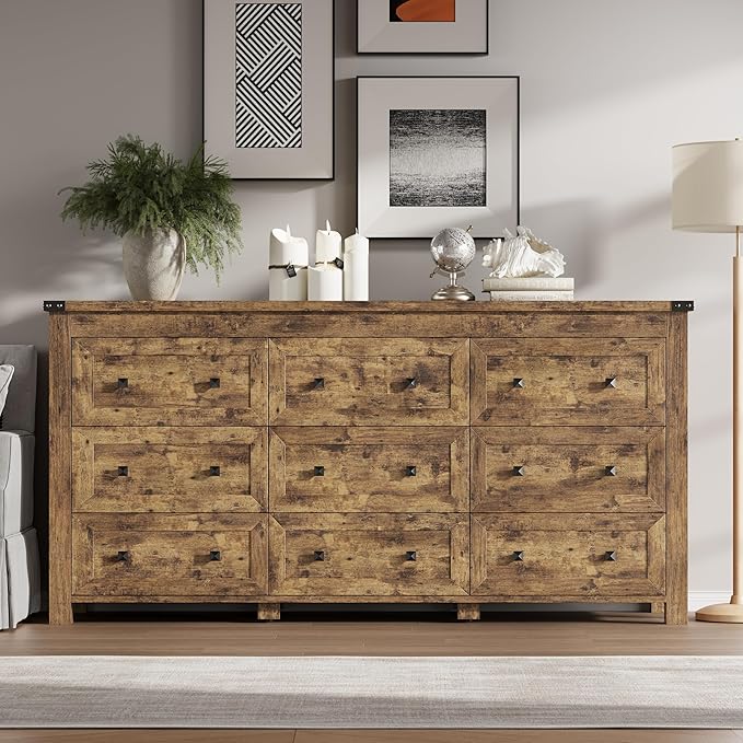 BORNOON 9-Drawer Dresser, Modern Wooden Storage Chest of Drawers, Dresser TV Stand, Wood Drawer Organizer with Metal Handles for Bedroom, Living Room, Hallway