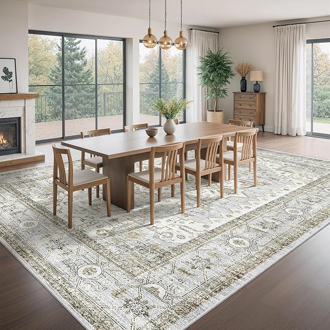 befbee Washable Rugs 10x14 Area Rugs for Living Room,Rugs for Bedroom,Ultra Soft Living Room Bedroom Large Carpe,Low Pile Vintage Print Rug for Home Office Decor (10'x 14',Blue＆Beige)