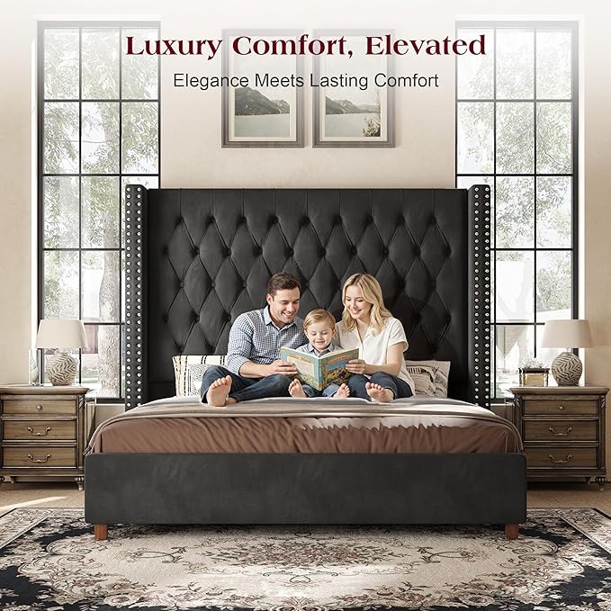 PaPaJet California King Size Bed Frame with 61.4" Tall Wingback Design Headboard, Velvet Upholstered Platform, Handmade Deep Button Tufting, Solid Wood Legs, No Box Spring Needed, Black