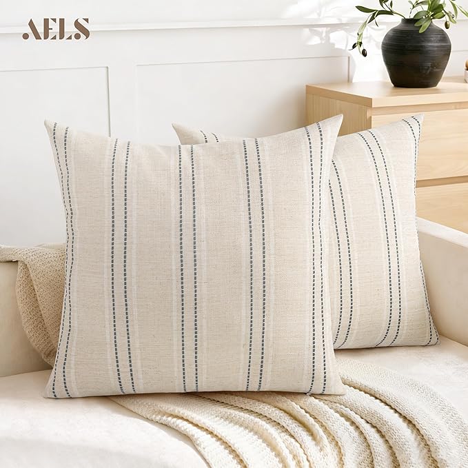 AELS 24x24 Decorative Farmhouse Linen Throw Pillow Covers, Boho Textured Pillow Case, Set of 2, Beige with White & Gray Stitch Yarn Dyed Stripe Cushion Cover for Sofa Couch Living Room (Cover ONLY)