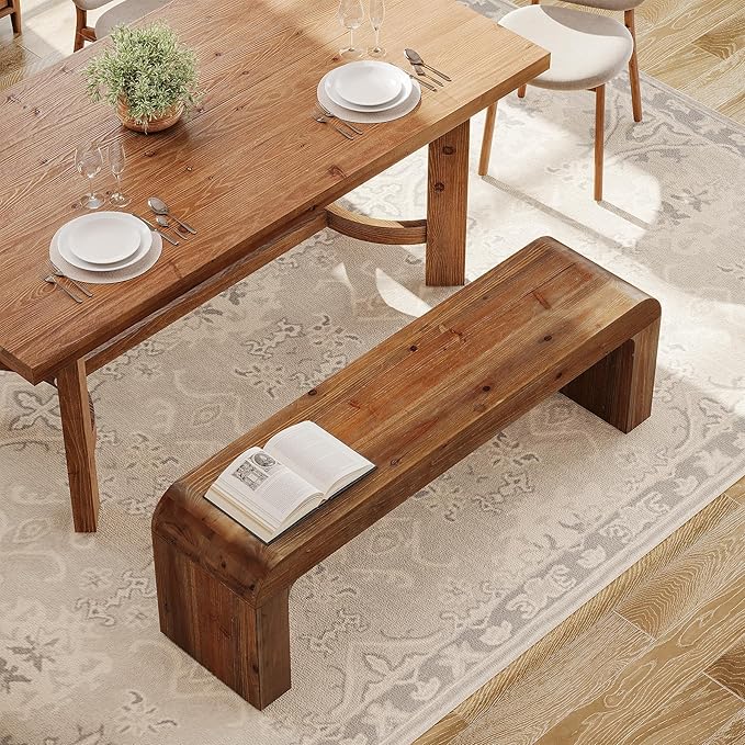 Solid Wood Dining Bench, 55" Wood Bench Indoor for Entryway, End of Bed Bench with Thick Block Seat, Modern Farmhouse Wooden Bench for Dining Table, Bedroom, Hallway, Rustic