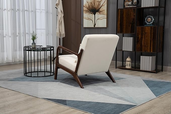 KEIKI Mid Century Modern Accent Chair Wood Frame, Cotton Linen Modern Minimalist Armchair for Small Spaces Living Room Bedroom Sunroom, Lounge Seat with Waist Cushion, Padded, Easy Setup, White