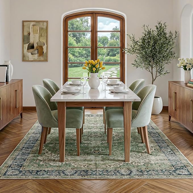 FMFUNCTEX 5x7 Green Washable Area Rug Vintage Distressed Oriental Non Slip Low Pile Neutral Indoor Carpet for Living Room Bedroom Soft Retro Floral Thin Large Rug for Dining Nursery Office Dorm