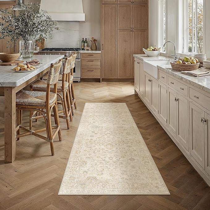2x6 Beige Washable Runner Rug for Living Room Bedroom Neutral Soft Floral Non Slip Runner Rug Lightweight Vintage Low Pile Distressed Runner Kitchen Hallway Bedroom