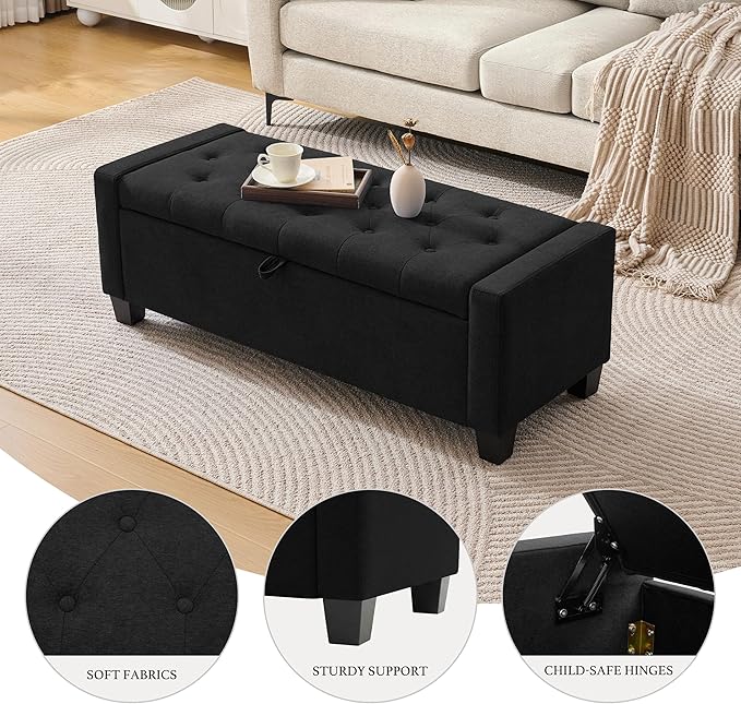 Huatean Home 43" Ottoman with Storage, Black Storage Ottoman Bench with Safety Hinge, Upholstered Entryway Bench with Seating for Bedroom, Living Room, Holds up to 330 lb