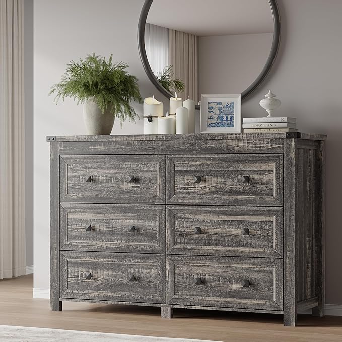 BORNOON 6-Drawer Dresser, Modern Wooden Storage Chest of Drawers, Dresser TV Stand, Wood Drawer Organizer with Metal Handles for Bedroom, Living Room, Hallway