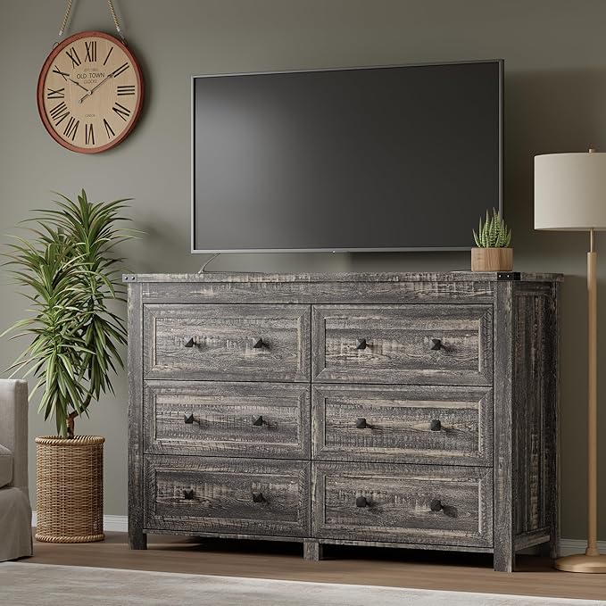 BORNOON 6-Drawer Dresser, Modern Wooden Storage Chest of Drawers, Dresser TV Stand, Wood Drawer Organizer with Metal Handles for Bedroom, Living Room, Hallway