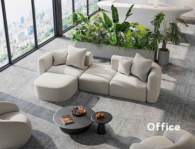 116" Modular Sectional Couches with Ottoman, Luxury Modern Curved Back Sofa, Minimalist Style Oversized 4 Seat Deep Comfy Convertible L Shape Boneless Couch for Living Room Office Studio Apartment