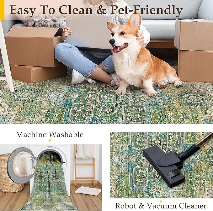 8x10 Washable Vintage Area Rug Green Oriental Living Room Bedroom Throw Rug Neutral Non Slip Soft Low Pile Carpet for Dining Room Office Nursery Indoor