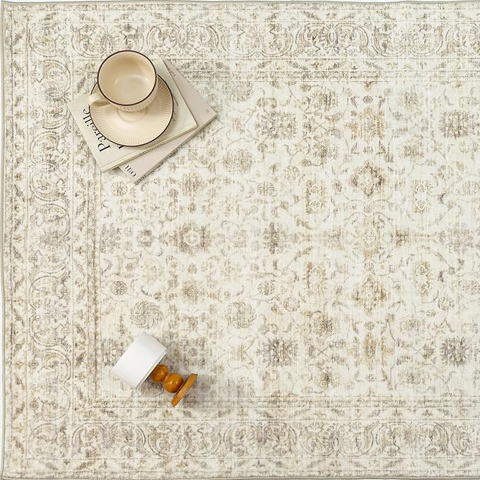 PureCozy 2x6 Runner Rug Non Slip Machine Washable Hallway Kitchen Vintage Distressed Carpet Indoor Small Long Low Pile Thin Beige Bedroom Bathroom Retro Accent Throw Rug Laundry Living Room
