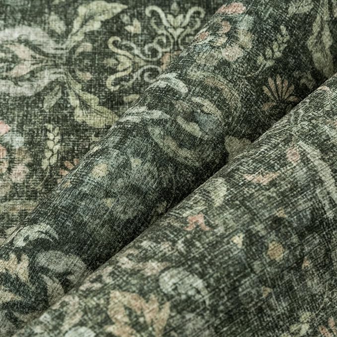 PureCozy Dark Green 8x10 Area Rugs Washable Vintage Living Room Bedroom Carpet Indoor Large Non Slip Soft Low Pile Thin Rug Retro Accent Home Office Dining Room