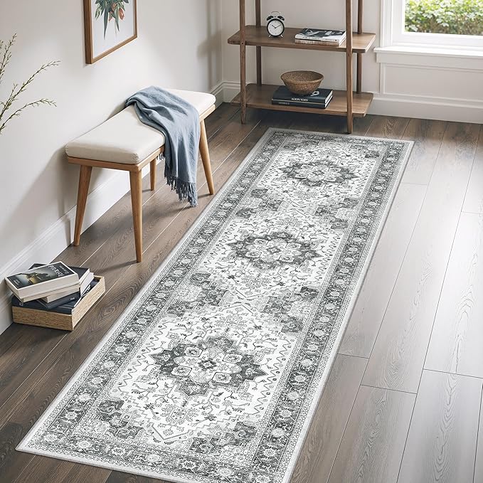 Runner Rug 2'x8' Washable Vintage Area Rugs for Hallway Non Slip Laundry Rug Runner Boho Floor Carpet Runners for Entryway Laundry Room Kitchen Bathroom (2'x8',Grey)