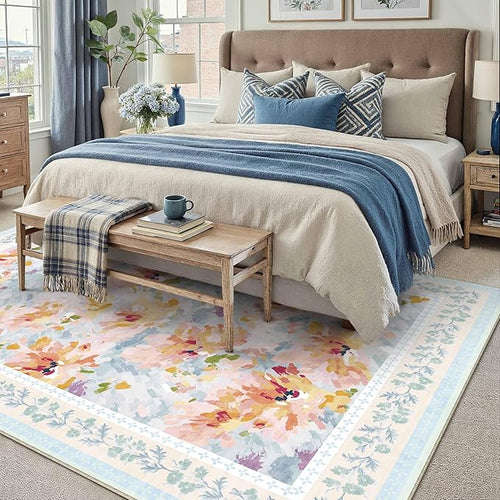 6x9 Washable Area Rug Blue Living Room Bedroom Floral Throw Rug Abstract Modern Non Slip Soft Low Pile Carpet for Dining Room Office Nursery Indoor