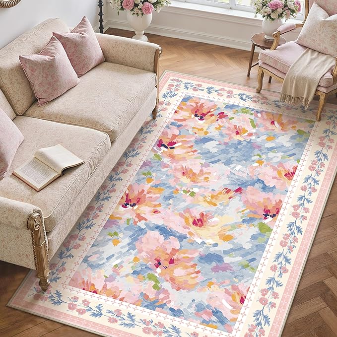 3x5 Washable Area Rug for Entryway Pink Blue Floral Abstract Soft Throw Rug Modern Non Slip Low Pile Small Carpet for Kitchen Bathroom Living Room Bedroom