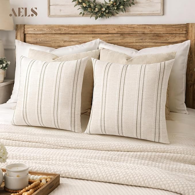 AELS 24x24 Decorative Farmhouse Linen Blend Throw Pillow Covers, Boho Textured Pillow Case, Set of 2, Beige with White & Brown Stitch Yarn Dyed Stripe Cushion Cover for Sofa Living Room (Cover ONLY)