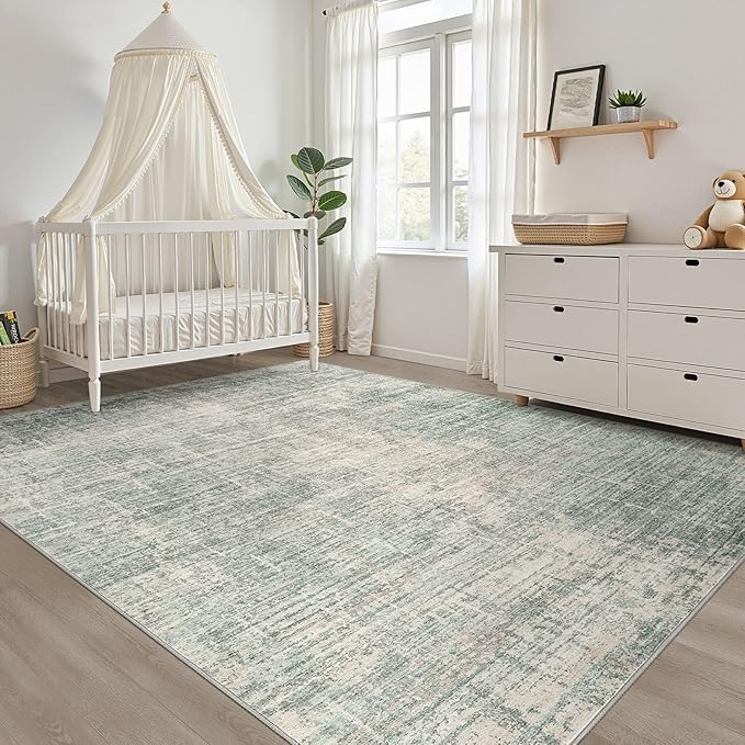 5x8 Area Rug Living Room: Washable Large Neutral Green Rugs Abstract Soft Modern Stain Resistant Indoor Floor Non-Slip Carpet for Bedroom Nursery Kids Office Playroom Dining Room Under Table Home
