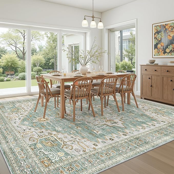 Living Room 10x14 Area Rugs, Washable Area Rug Stain Resistant Carpet Vintage Soft Rugs for Bedroom with Non Slip Backing Indoor Home Decor (10'x 14',Green)