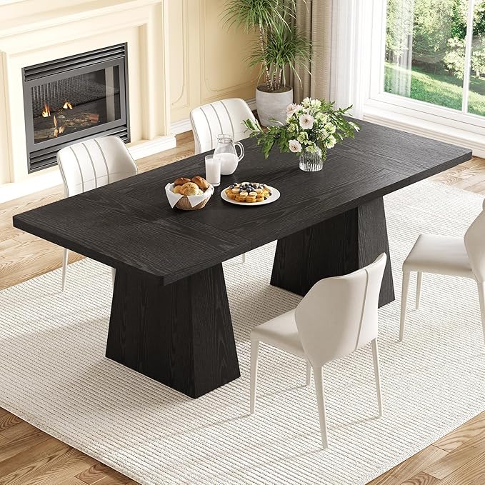 LITTLE TREE Dining Table for 4-6 People, Wooden Table, Rectangle Furniture with Heavy Duty Legs, Modern Kitchen Table for Home, Dining Room, Black