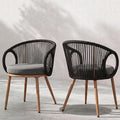 Modern Outdoor Dining Chair Set of 2 with Cushion, Scandinavian Rope Woven Patio Armchairs, Wood-Look Metal Frame, Weather-Resistant Balcony Backyard Dining Seating, Dark Grey