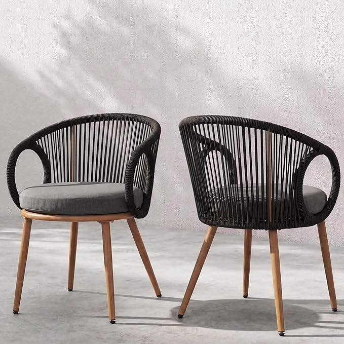 Modern Outdoor Dining Chair Set of 2 with Cushion, Scandinavian Rope Woven Patio Armchairs, Wood-Look Metal Frame, Weather-Resistant Balcony Backyard Dining Seating, Dark Grey