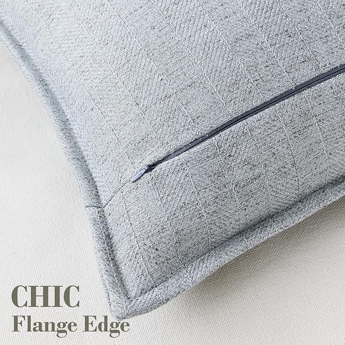 DEZENE 22x22 Linen Pillow Covers Steel Blue Pack of 2 Farmhouse Boho Neutral Accents Striped Textured Square Decorative Throw Pillow Cases for Living Room Couch Bed Home Decor