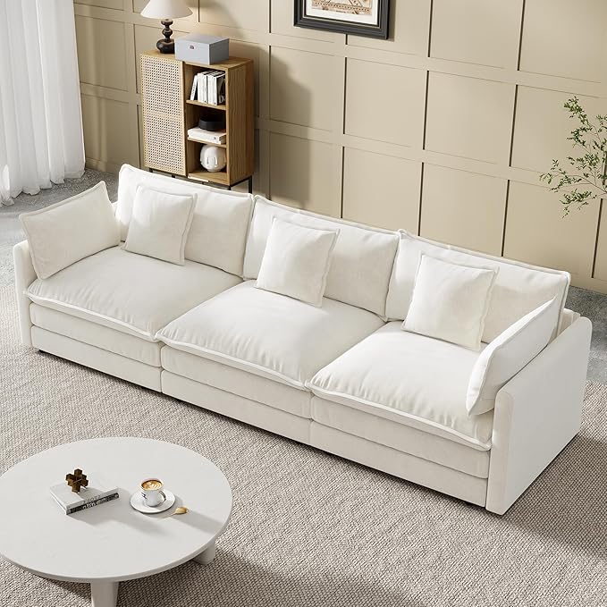 Modular Sectional Sofa, 111.5 Inch I-Shaped Cloud Sofa with Deep Seat Chenille Sofa with Cushions, Three-Self Sectional Sofa for Living Room Apartment,White