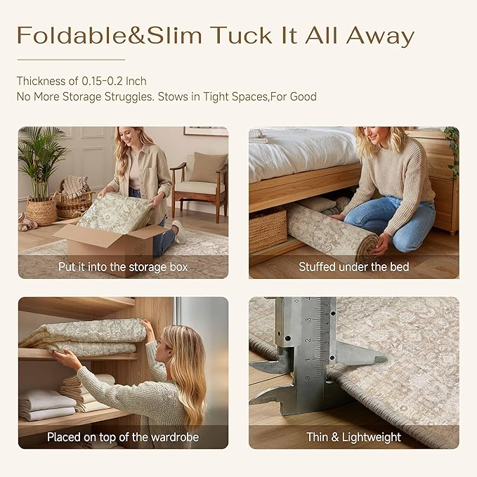 9x12 Beige Washable Modern Area Rug Living Room Non Slip Low Pile Floral Extra Large Rug Vintage Traditional Stain Resistant Carpet Bedroom Office Indoor Playroom