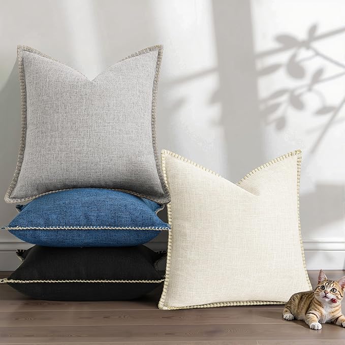 decorUhome Summer Decorative Throw Pillow Covers 12x20 Set of 2 Lumbar Faux Linen Outdoor Neutral Farmhouse Pillow Covers with Stitched Edge for Couch Sofa Living Room, Dark Blue