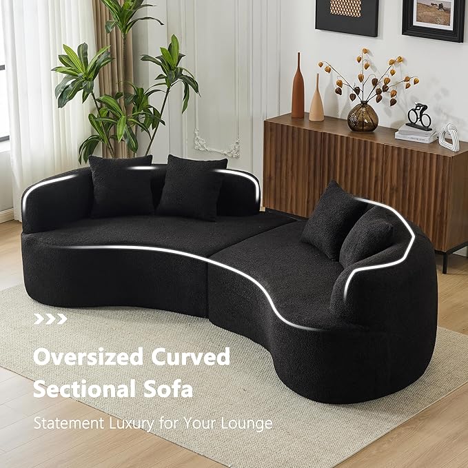 106.7" Modern Curved Oversized Sectional Sofa, Minimalist Modular Cloud Couch with 4 Throw Pillows, Luxury 4-Seater Extra Deep & Wide Seat Sofa in Soft Teddy Fabric, Pure Black