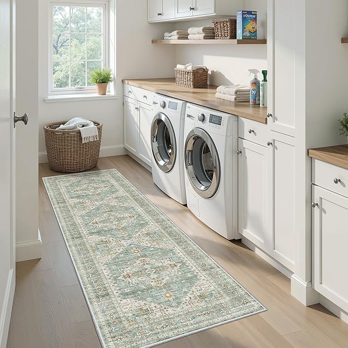 Washable 2x8 Runner Rug Vintage Area Rugs for Hallway Water Resistant Kitchen Entryway Rug Ultra Soft Living Room Bedroom Carpet Indoor Low Pile Floor Mat for Bathroom Dining Room (2'x8',Green)